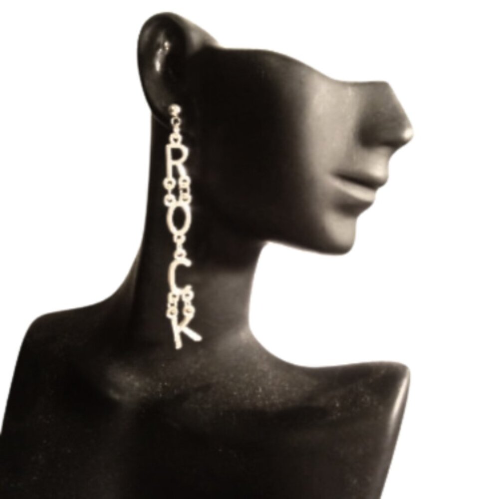 ROCK Dangle Silver Script Earrings